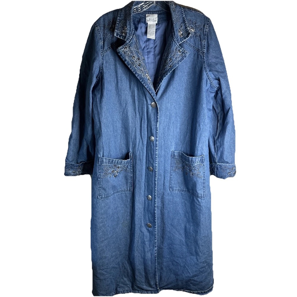 Vintage Blair‎ Boutique Denim Embroidered Bling Duster Ranch Coat Quilted Lining